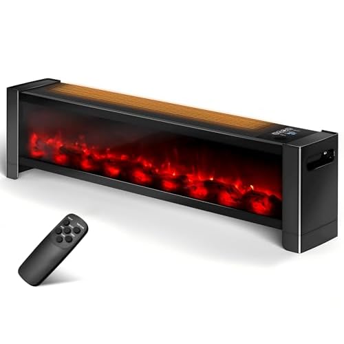 Baseboard Heater with Flame - 1000W Electric Fireplace Heater with Realistic 3D Flame Effect, Adjustable Thermostat Space Heater for Large Room, Office, Bedroom, Tip-Over & Overheat Protecti