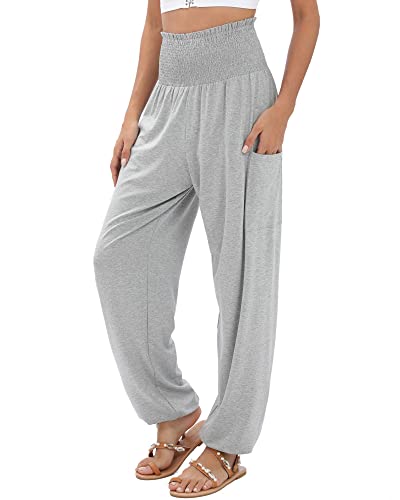 QIANXIZHAN Women's Harem Pants, High Waist Yoga Boho Trousers with Pockets Grey M