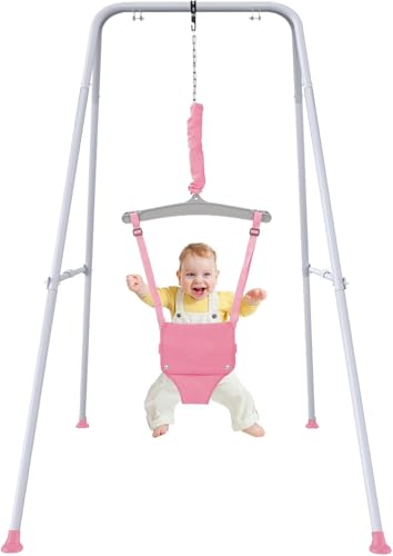 Baby Jumper with Stand, Toddler Swing Set forIndoor/Outdoor Play, Jumper for Baby 6-24 Months,Baby Jumpers and Bouncers with Adjustable Chain,Easy to Assemble & Store(Pink)