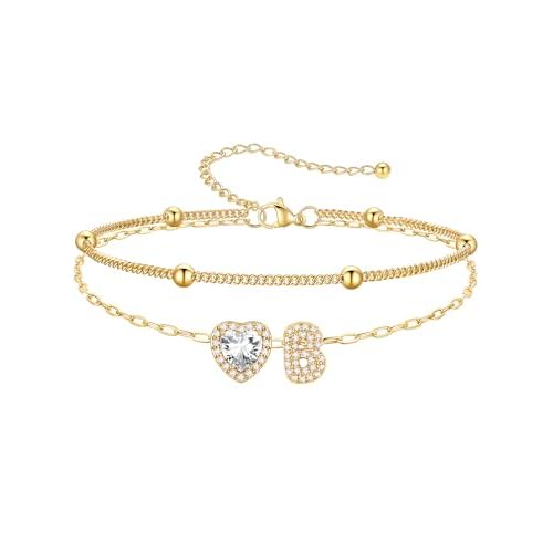 PROSTEEL A-Z Initial Ankle Bracelets for Women Waterproof, Layered Chain Anklet Stainless Steel Summer Beach Anklets, Silver/Gold 8.5-10.5 Inch Adjust
