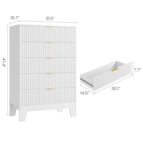 Image of Garvee 5 Drawer Dresser for Bedroom, 47 inch Tall Fluted Chest of Drawers with Metal Handle, Modern Wooden Dresser TV Stand, Clothes Storage Organizer Wood Closet for Hallway, Entryway, White