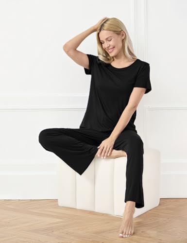 Image of GYS Bamboo-derived Viscose Women's Pajamas Set Short Sleeve Top With Pants 2-Piece Sleep Set