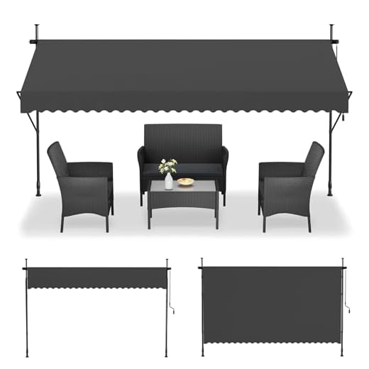 UISEBRT Klemmmarkise mit kurbel 350cm breit - Balkonmarkise ohne Bohren Verstellbar, UV-Schutz, Sonnenschutz, Wetterfest, Dunkelgrau (3,50 x 1,20 m,Dunkelgrau)