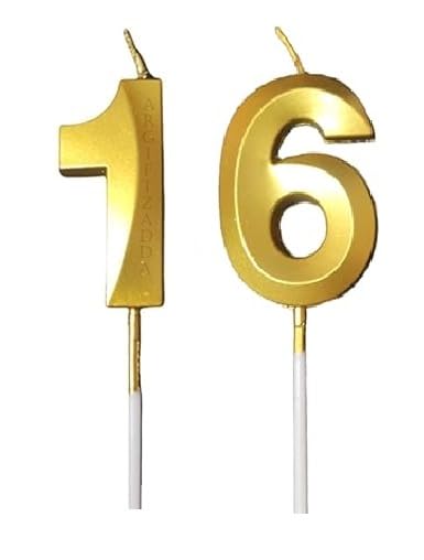 ToyUniverse Number 16 Metallic Gold 3D Candle - Sixteenth Birthday, Anniversary, Surprise Party Cake Decoration (Pack of 2)