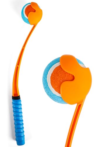 ALL FOR PAWS Lanzador de pelotas para perros de 49 cm, lanzador de pelotas manos libres con una pelota de tenis de 2.5 pulgadas, juguete de búsqueda de perros equipado con un mango estilo raqueta de