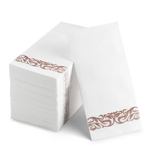 100 Disposable Guest Towels Soft and Absorbent Linen-Feel Paper Hand Towels Durable Decorative Bathroom Hand Napkins Good for Kitchen, Parties, Weddings, Dinners or Events White and Rose Gold