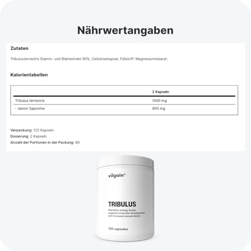 Vilgain Tribulus Terrestris – Hochdosierter Extrakt mit 40% Protodioscin & 90% Saponinen, vegan, für Energie, Vitalität, Regeneration & Wohlbefinden, laborgeprüft, ideal für Sportler & aktive Menschen