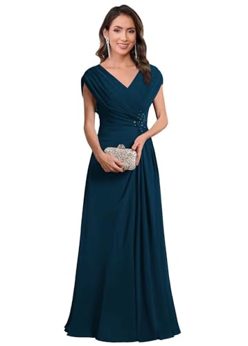 Cap Sleeves Mother of Bride Dresses for Wedding Sparkly Beaded Ruched V Neck Chiffon Evening Dress for Women