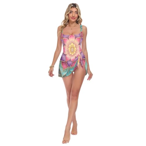 Maillot de bain une pièce à jupe amovible et motif floral mandala aquarelle