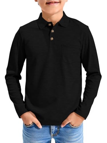 Image of Haloumoning Boys Long Sleeve Polo Shirts Kids Casual Button School Uniform Shirts with Chest Pocket 5-14 Years