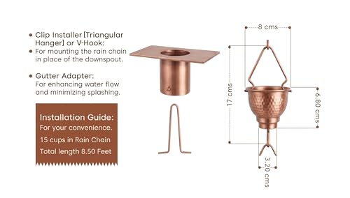 Image of Rain Chain - Copper Powder Coated 8.5 Feet Length Metal Rain Chain for Garden Decor - Rust Proof Long Lasting Rain Chain with Gutter Adaptor and Clip Installer - Rain Chain Downspout for Gutter