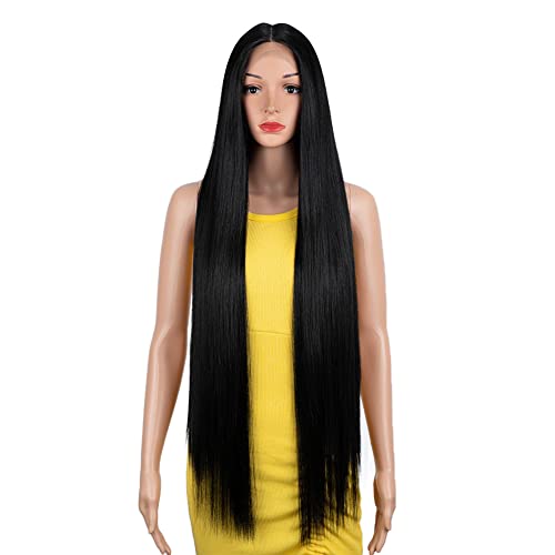 DÉBUT Peluca Lace Front Peluca súper larga y recta para mujer 96 cm 260g Pelo sintético Fibra resistente al calor 130% Densidad(76 cm, negro natural)