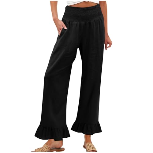 Image of Women Linen Pants Dressy Casual Summer Boho Ruffle Hem Wide Leg Cropped Pants Smocked High Waisted Palazzo Pant