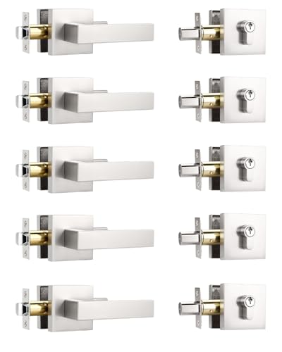 KNOBWELL 5 Pack Keyed Entry Door Lockset with Deadbolt, Heavy Duty Brushed Nickel Deadbolt Lock with Passage Lever(Keyed Alike)