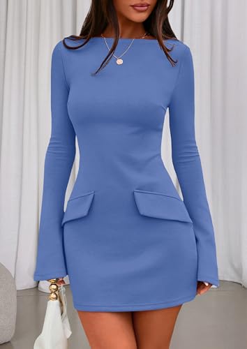Image of PRETTYGARDEN Womens Fall Long Sleeve Mini Dress 2025 Trendy Boat Neck Bodycon Knit Elegant Short Party Formal Dresses