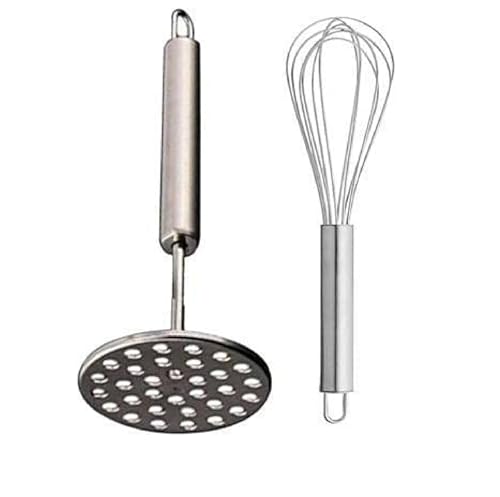 Image of Stainless Steel Potato mashers Whisker, Hand Tool Stainless Steel Mini Kitchen Whisk with Pav Bhaji Masher Best Kitchen Tool Combo for Your Home (Whisk 25CM and Masher 20CM)