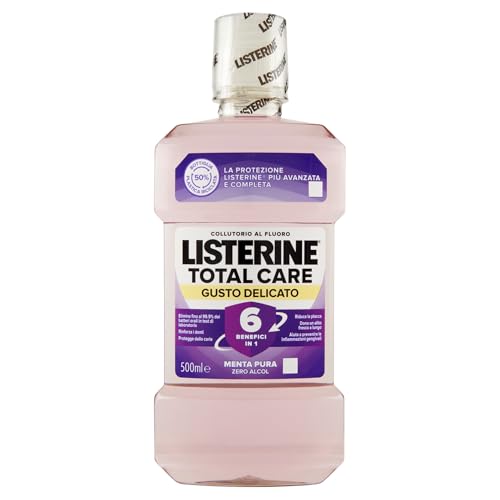 Listerine Collutorio, Total Care, Gusto Delicato, 6 Benefici in 1, Menta Delicata, Zero Alcol, Alito fresco, 500 ml