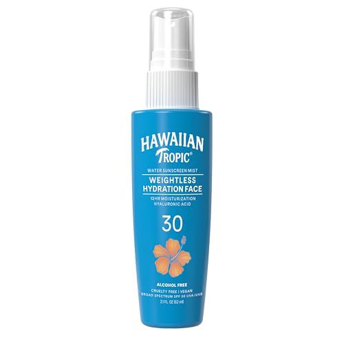 Hawaiian Tropic Weightless Hydration Water Mist for Face SPF 30, 2.1 Fl Oz, Travel Size SPF Face Mist Hydrating Spray, Non-Comedogenic Sunscreen Facial Mist, Non-Aerosol Sunscreen Spray, 2.1 Fl Oz
