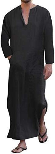 Jacansi Men's 65% Cotton 35% Linen Kaftan Thobe, Long Sleeve Casual Arabic Robe, Loose Long Gown with Pockets