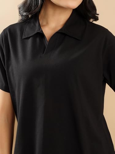 Image of Kvetoo Women Solid Tracksuit Set Cotton Lounge Wear Set Half Sleeve Polo T-Shirt & Straight Pant Casual Travel Outfit