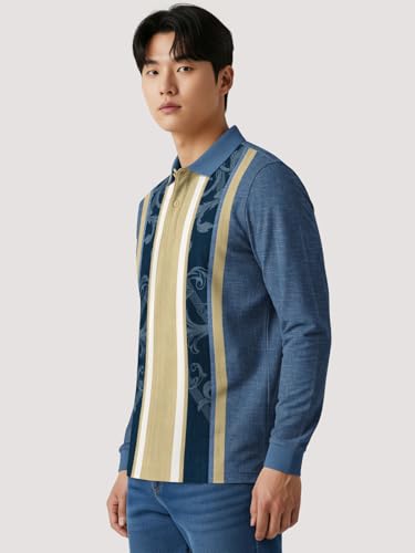 Image of BULLMER White Striped Printed Polo Neck Fullsleeve Tshirt with Rib for Men.