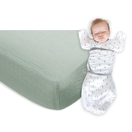 Image of SwaddleDesigns 0-3 Mo Baby Sleep Set, Tiny Arrows and Jadeite, Omni Swaddle Sack for Newborn, 6-Way Adjustable Swaddle with Arms Up Half-Length Sleeves & Mitten Cuffs, and Cotton Muslin Crib Sheet