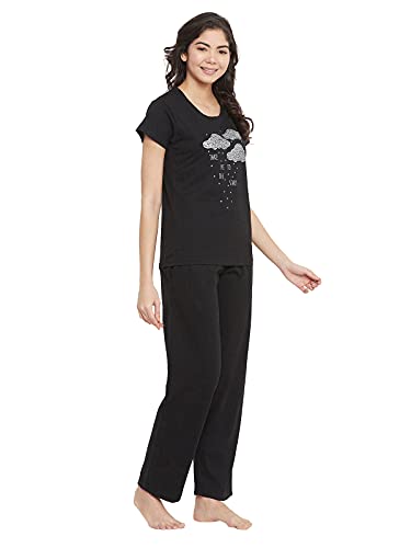 Image of Clovia Women's Cotton Printed Top & Solid Pyjama Set - Black