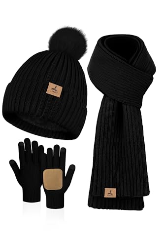 LOROME Women Winter Beanie Hat Scarf Gloves Set, Fleece Knitted Pompom Hat Warm Neck Scarf Touchscreen Gloves Winter Gift