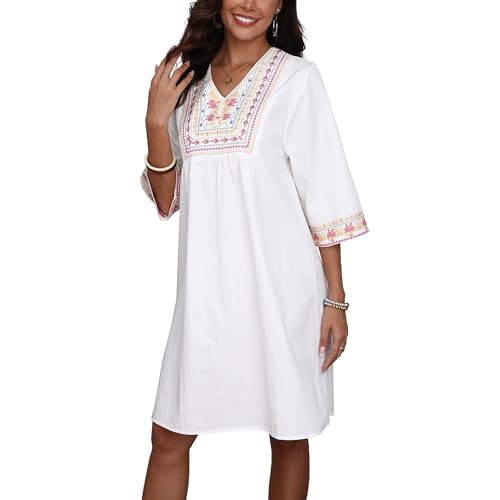 Image of Higustar Summer Womens White Cotton Mini Dresses Boho Embroidered Mexican Styel Bohemian Tunic Babydoll Dress for Women
