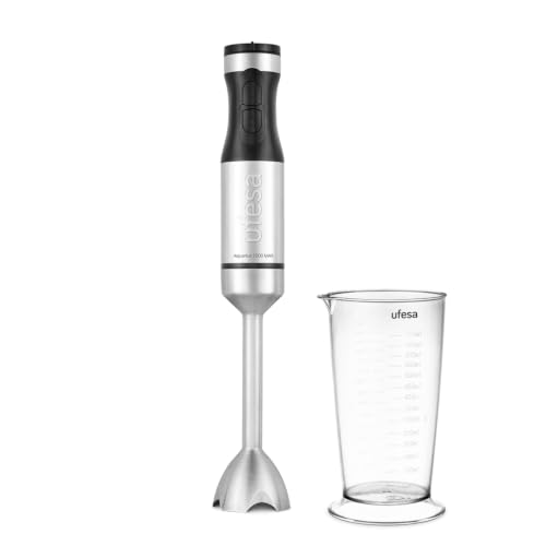 Ufesa Batidora de Mano Aquarius 1000W, Función Turbo, Control de Velocidad Variable, 4 Cuchillas de Alta Eficacia, Pie Desmontable de Acero Inoxidable, Diseño Ergonómico, Antisalpicaduras, Vaso 700ml