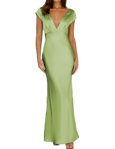Image of Halfisland Womens Summer Satin V Neck Cap Sleeve Midi Dress Wedding Guest | 2026 Summer,Backless,Hollow Out,Long,Formal,Cocktail,Twist,Bridesmaid,Party,Baby Shower,Short Sleeve,Beach,Elegant,Evening