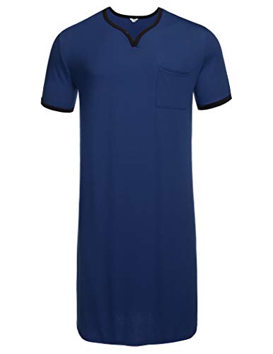 luxilooks Nightgowns Mens Big & Tall Nightshirt Short Sleeve V Neck Nightwear Soft Long Pajama Shirts Casual Loungewear Henley Sleep Shirt Tops Blue XXXL