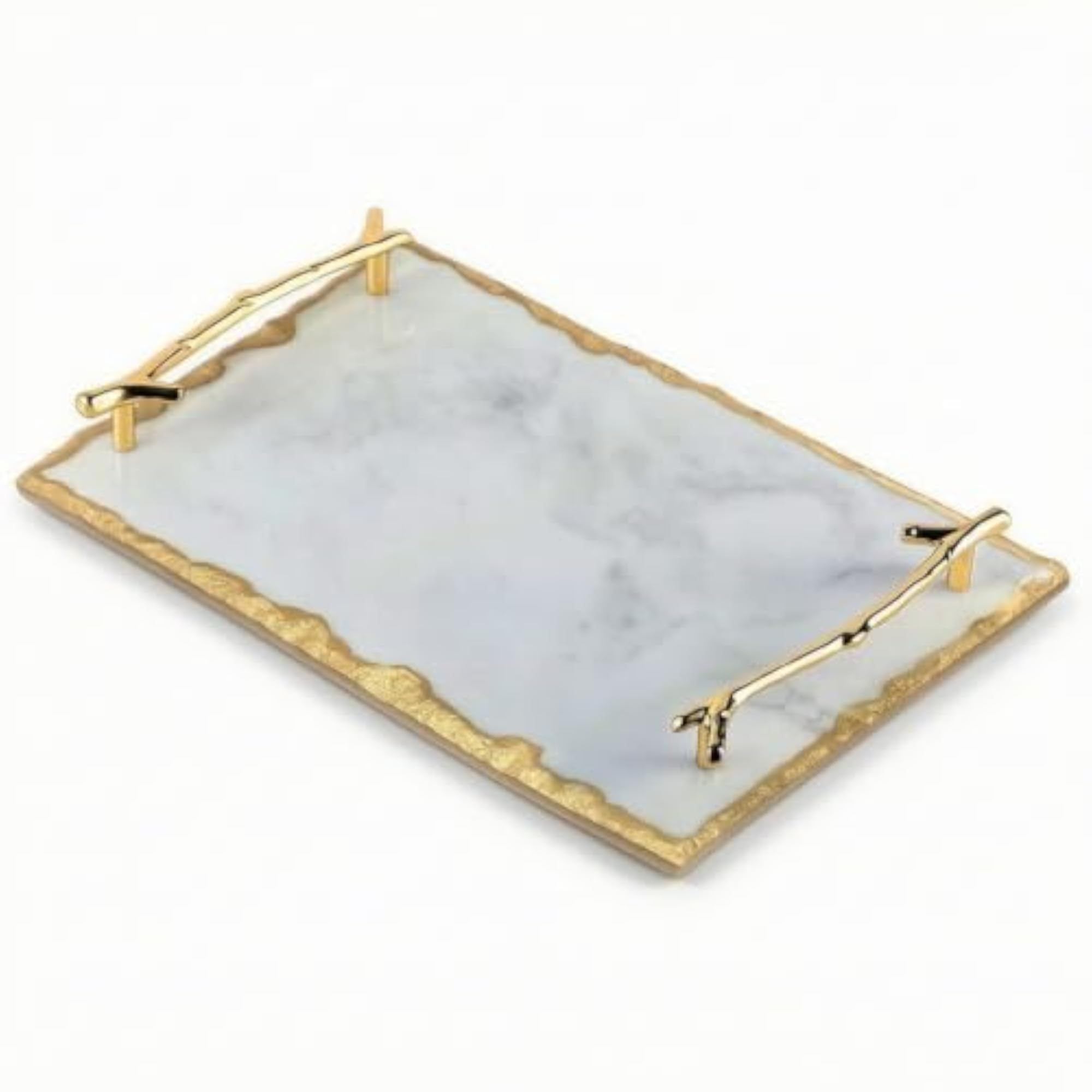 Elegant Marble Tray with Gold Handles, Decorative Rectangular