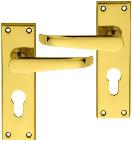 IRONZONE Victorian Straight Lever on Euro Profile Backplate - Polished Brass Contemporary Design for Internal Wooden or Oak Doors