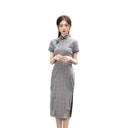 Robe d'été à carreaux vintage cheongsam littéraire république