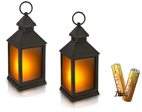 NECESITAS Lanterne LED pour l'extérieur et l'intérieur - Lot de 2 - Piles incluses - Étanche - Effet vacillant - Lanterne funéraire - Décoration de balcon et de jardin - Photophore vintage - Noir