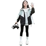女の子 ジャケット アウトドア 春秋 子供 ジャケット フード付き 軽量 通気 ガールズ パーカー ウインドブレーカー 韓国風 アウターウェア バイカラー ポケット付き 防風 トップス 遠足 通園 通学（ブラック、160)