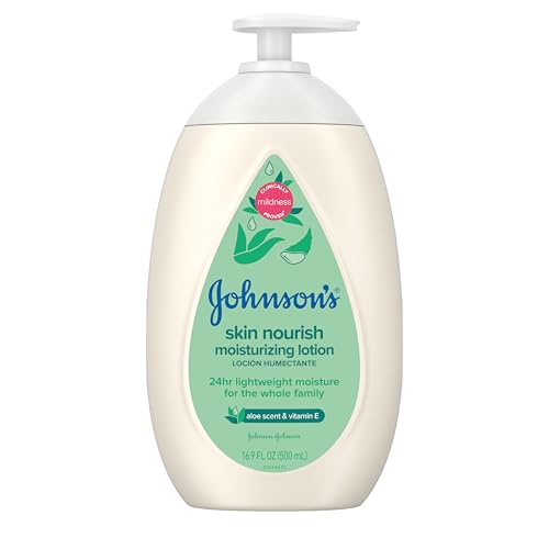 Image of Johnson's Skin Nourish Moisturizing Baby Lotion with Aloe Vera Scent & Vitamin E, Gentle & Lightweight Body Lotion for the Whole Family, Hypoallergenic, Dye-Free, 16.9 fl. oz