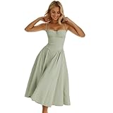 KT Womens Corset Dress Elegant Spaghetti Strap Bustier Midi Dress Flowy Pleated Hem Low Cut Prom Dresses with Pockets (Green,Medium)