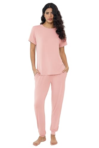 Image of Joyaria Women's Bamboo Viscose Cooling Pajamas Short Sleeve Crewneck Top & Jogger Pajama Pants with Pocket S-XXL