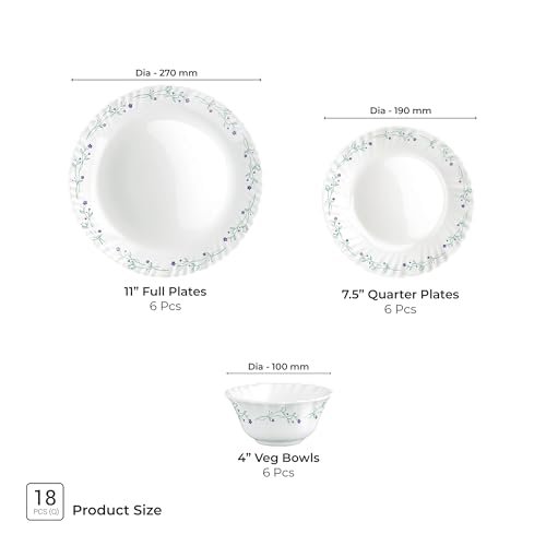 Image of Treo by Milton Opalware Aurelia Murel Dinner Set of 18 | Serving for 6 | Microwave & Dishwasher Safe | Bone-Ash Free | Tempered Toughness | Plates & Bowls | Crockery Set for Dining & Gifting