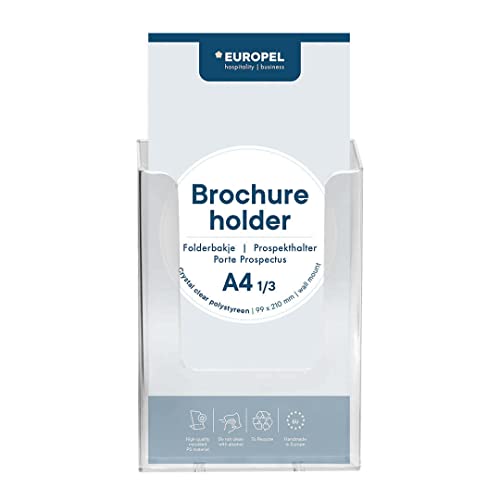 Europel Broschürenhalter zur Wandmontage, für 1/3 A4-Format, transparenter Acryl-Prospektständer und-spender, Broschüren-Flyer-und Menüanzeige und-spender für Büro, Restaurants und Empfang, Hochformat