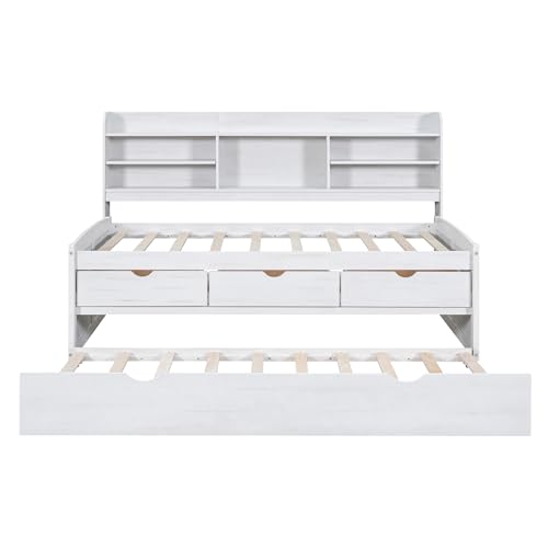 Wooden Bed Rame with Bookshelves, Storage Drawers & Trundle
