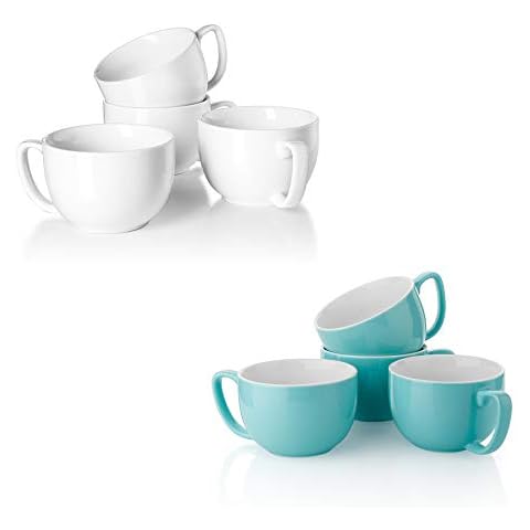 Teocera Porcelain Jumbo Coffee Mugs Set of 4-16 Ounce Cups with Handle for Hot or Cold Drinks like Cocoa, Milk, Tea or Water - Smooth Ceramic with Modern Design Cover