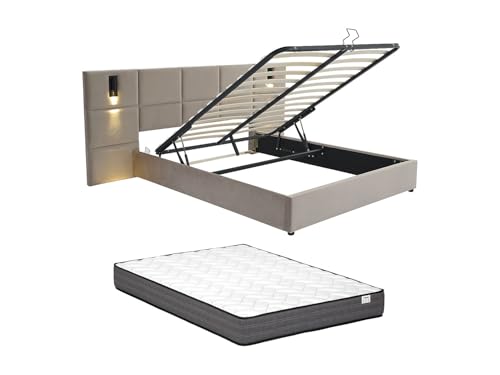 Vente-unique-CanapÈ abatible de 160 x 200 cm con cabecero y l·mpara integrada - Terciopelo - Topo + ColchÛn - SARETO