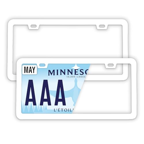 Image of Premium Slim Gloss White License Plate Frames - 2 Pack, Rust-Free Stainless Steel & Rattle-Free, Street Legal, Universal with Screw Caps, Thin Metal Front & Rear Car Tag Holders Unisex