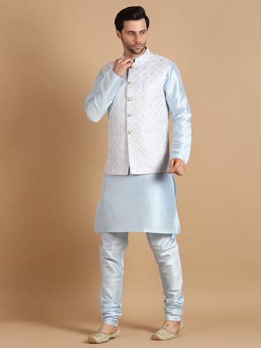 Image of men's Silk Blend Kurta Pejama & Waistcot Set