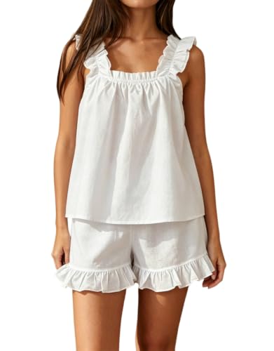 Image of Womens Summer 2 Piece Set Fashion Ruffle Trim Cami and Casual Shorts Set Cotton Pajama Sets