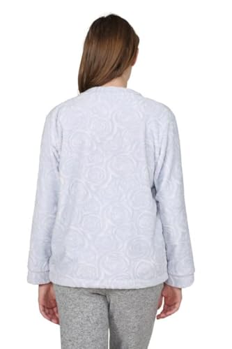 LA CERA Women's Fleece Rose Sculptured Bed Jacket with Mandarin Collar, Long Sleeves, Front Pockets & Button Closure2