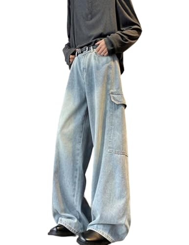 Men Multi Pocket Cargo Denim Pants Wide Leg Straight Fit Hip Hop Style Streetwear Baggy Trousers
